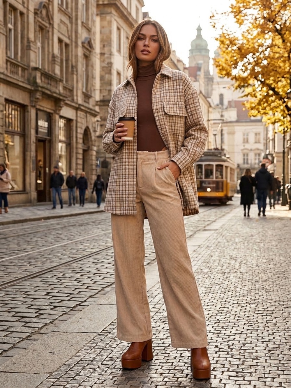 Women’s Oversized Beige Plaid Long-Sleeve Shirt